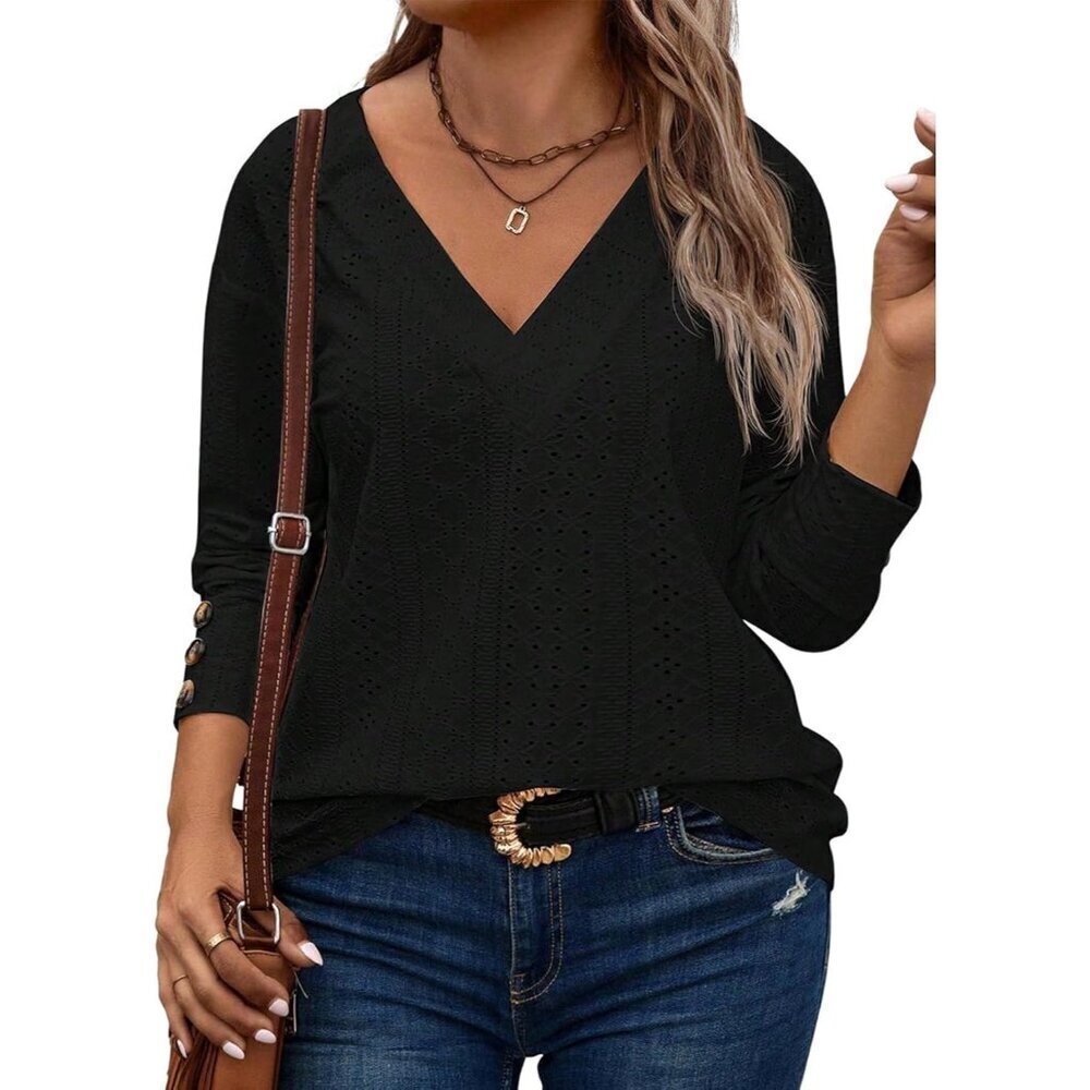 Plus Size Long Sleeve V-Neck Blouse Lace Embroidered Button Casual Top